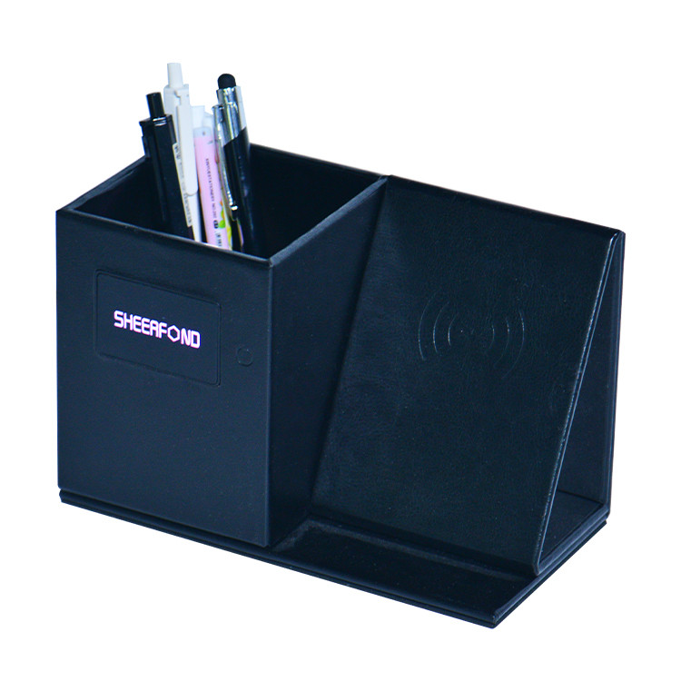 Luxury Creative Pu Leather Multifunctional Wireless Charging Pen Holder For Desk