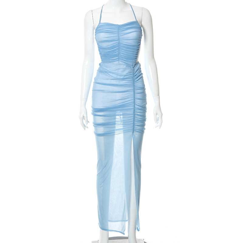 Solid Color Womens Party Maxi Dresses Hollow Sling Lace High Slit