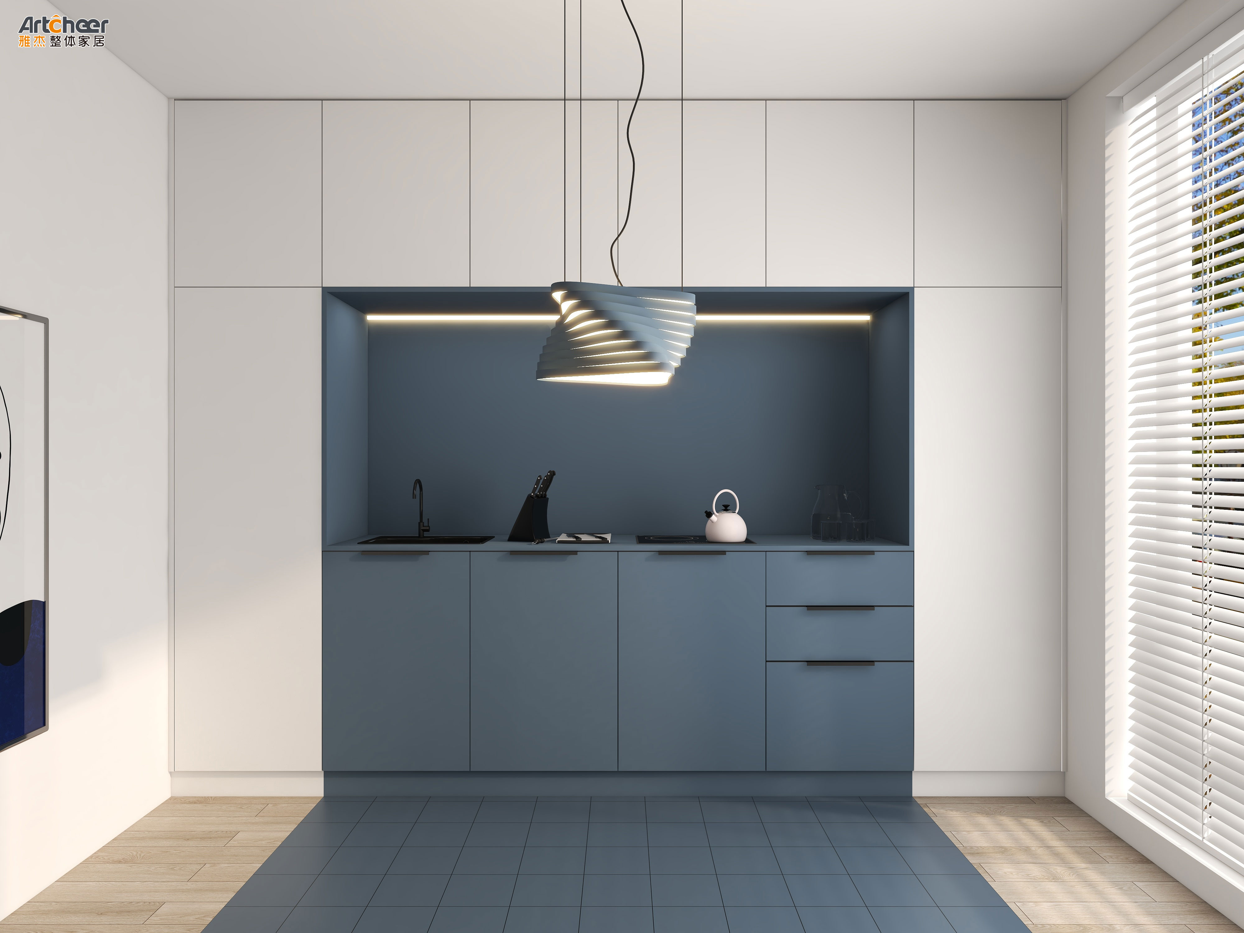 Custom Design Luxury White PVC Modular Kitchen Cabinets with Solid Surface Countertop