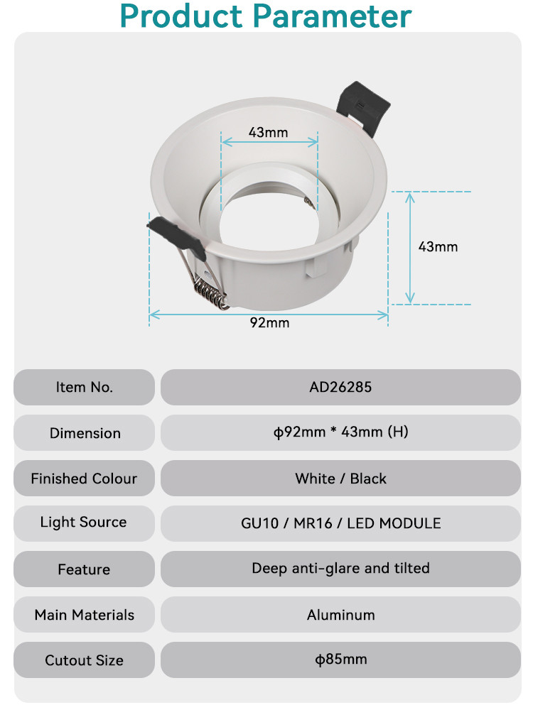 Commercial Adjustable Anti-Glare GU10 Recessed Spotlight Downlight Frame