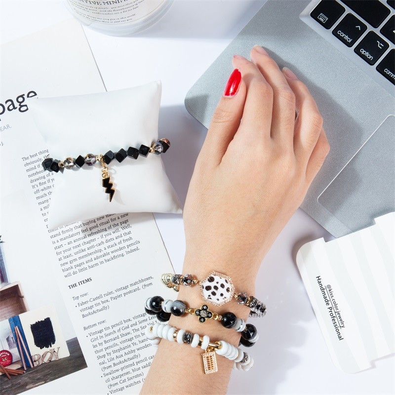 Sexangle Zebra Print Leather Zircon Charm Bracelet Set With Special Abacus Pendant