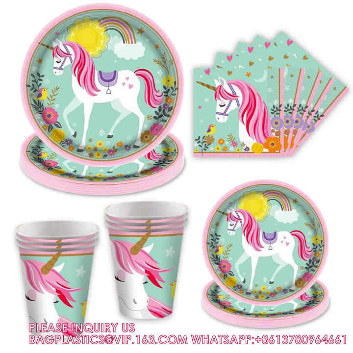 Unicorn Party Dinnerware Plates Cup Supplies Baby Shower Disposable Tableware Set Kids Birthday Party Paper