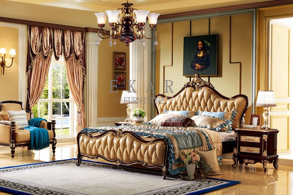 Black painting and gold leaf Solid Wood King Size Royal Wooden Design Leather Bed