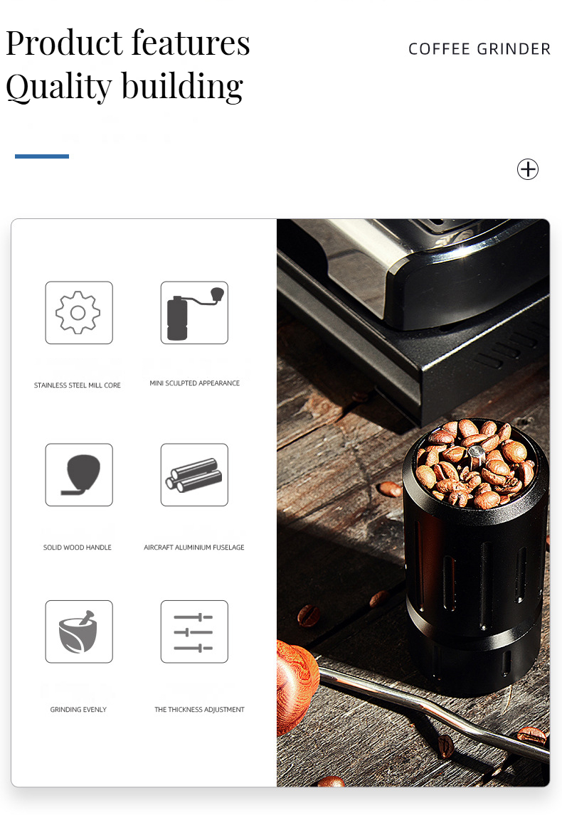 STAINLESS STEEL Portable Coffee Grinder for Modern Style Metal Utensils and Wood Mill