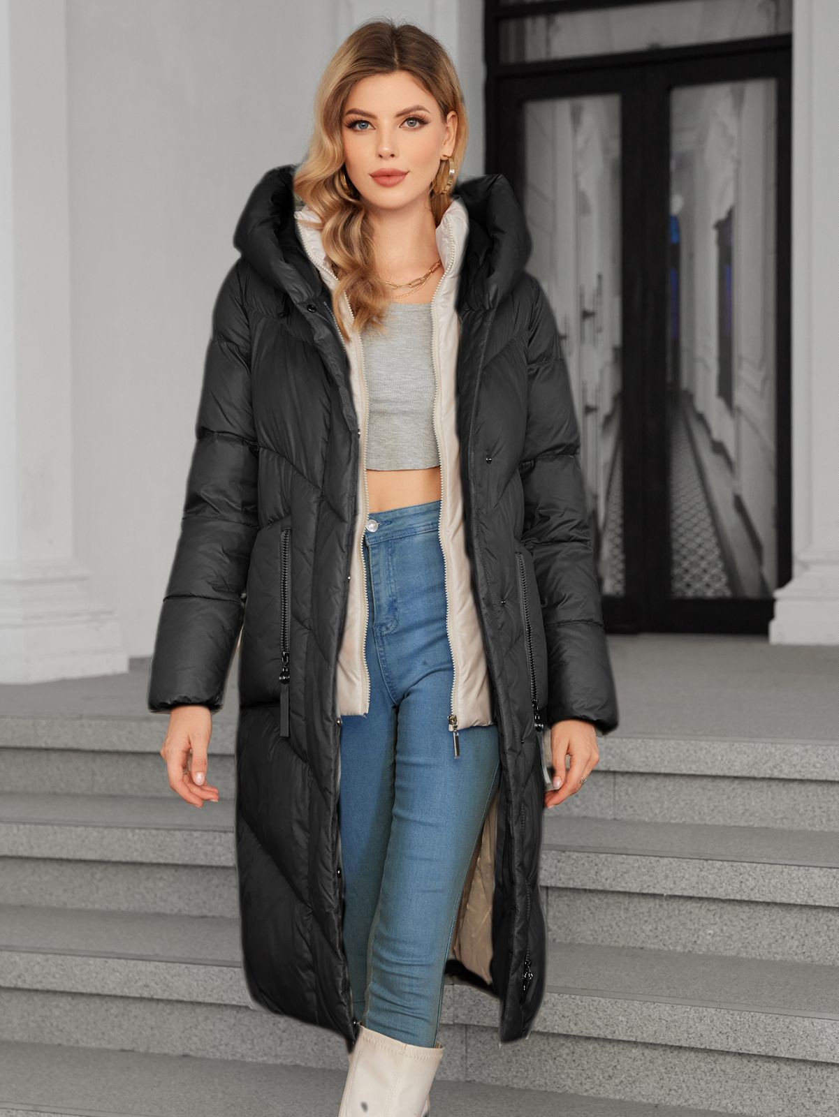 Detachable Lining Fashionable Thickened Down Jacket, long women coat,for cold winter, hooked,  machine washable, regular fit for daily wear