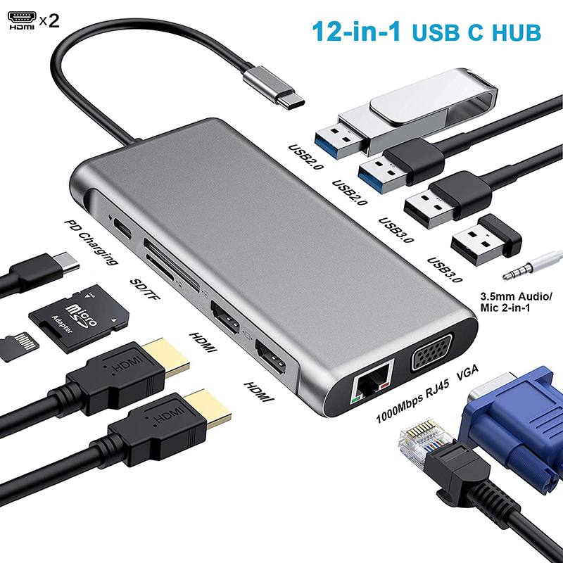 12-In-1 USB Type-C Docking Station HDMI 1080P 60Hz 2*HDMI VGA RJ45 4*USB Audio SD/TF PD