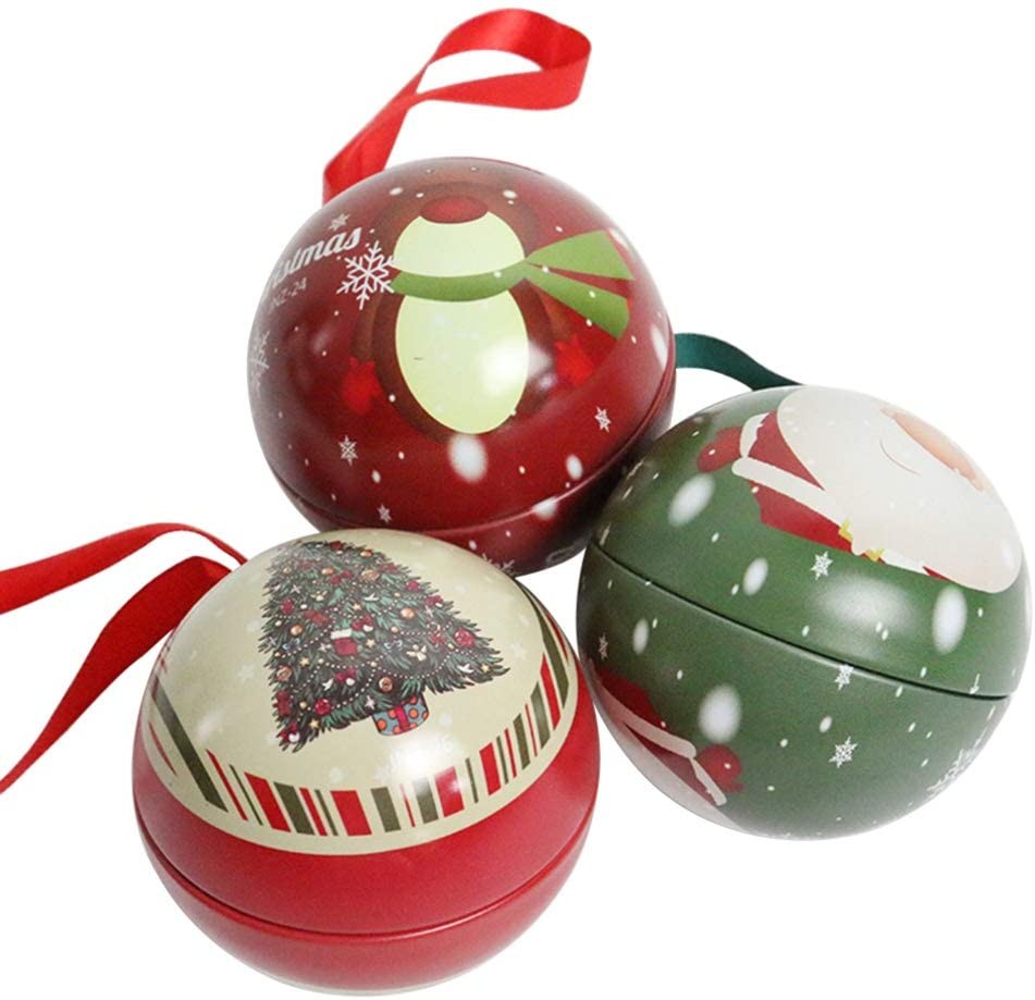 Christmas Tree Baubles Ornaments Tinplate Candy Tin Box Xmas Tree Ball Pendant Kids Holiday Surprise Gift