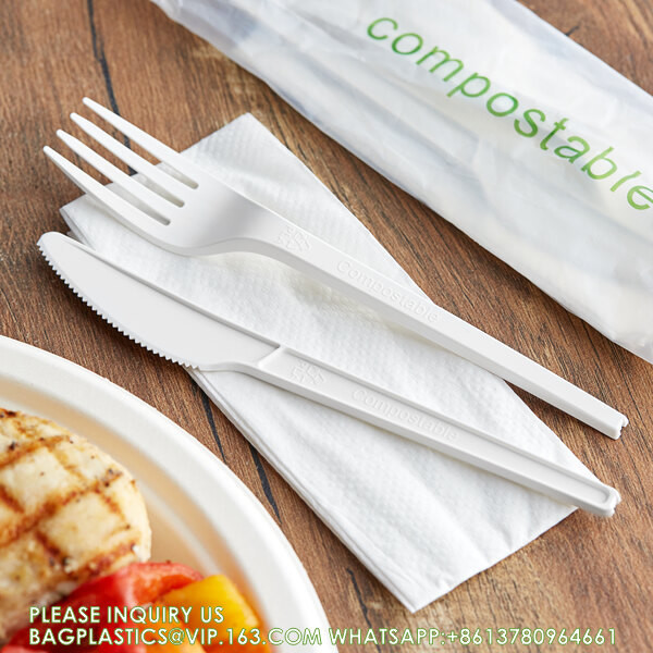 100% Compostable Eco Friendly Biodegradable CPLA PLA Cutlery Disposable Forks/Spoons/ Knives With Napkin Set