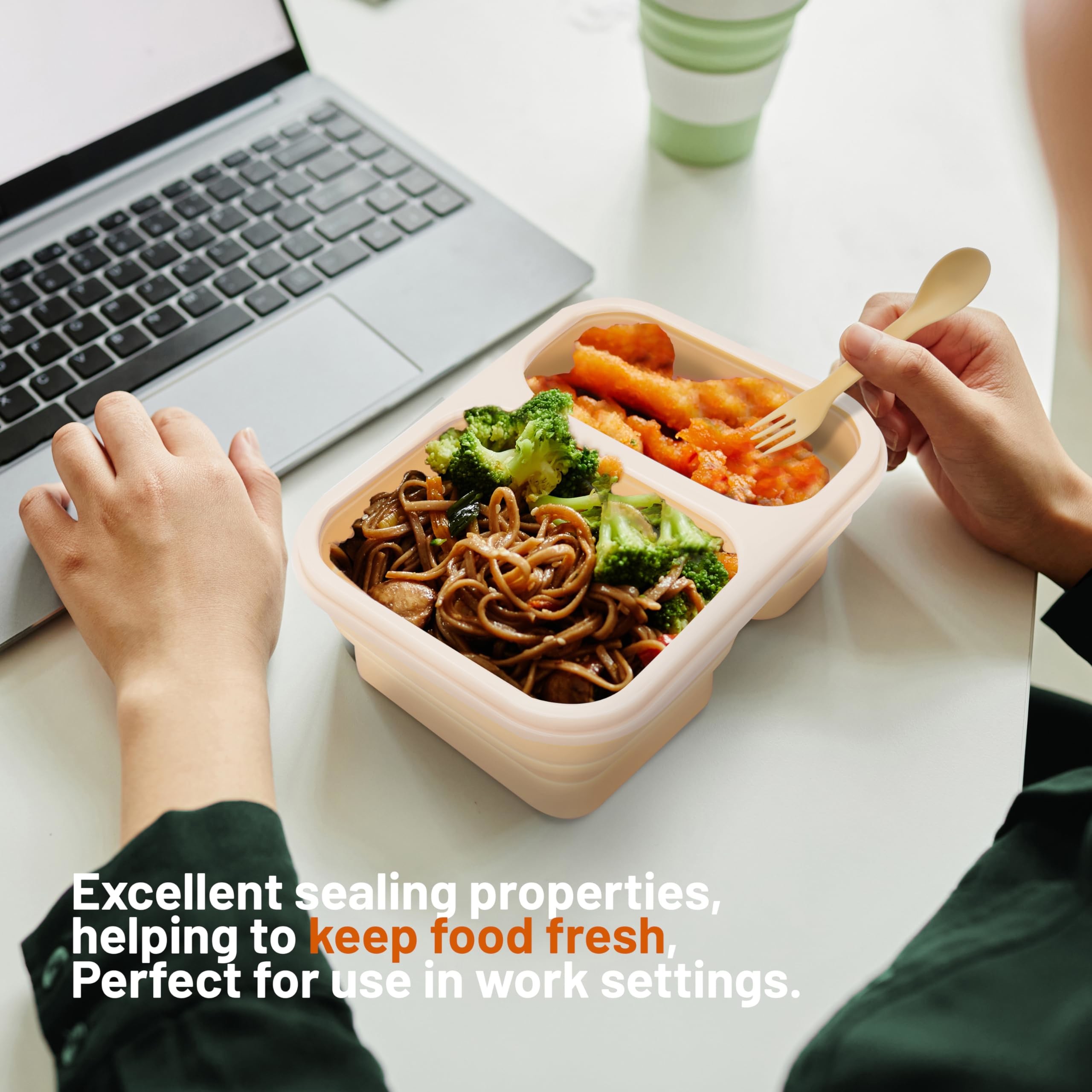 2 Compartments Collapsible Lunch Containers With Lid Lunchbox With Utensils Foldable Silicone Bento For Adults BPA Free