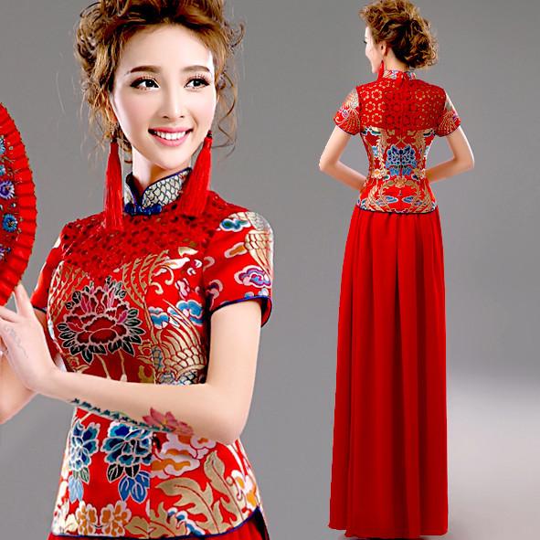 Chinese Style Red Lace Gorgeous Evening Dress High Blue Neck Knot Set Dress