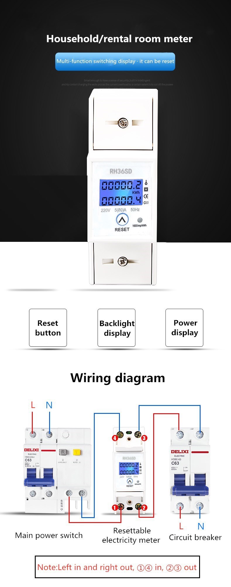 CN36SD AC Single Phase Household/Rental room Watt meter