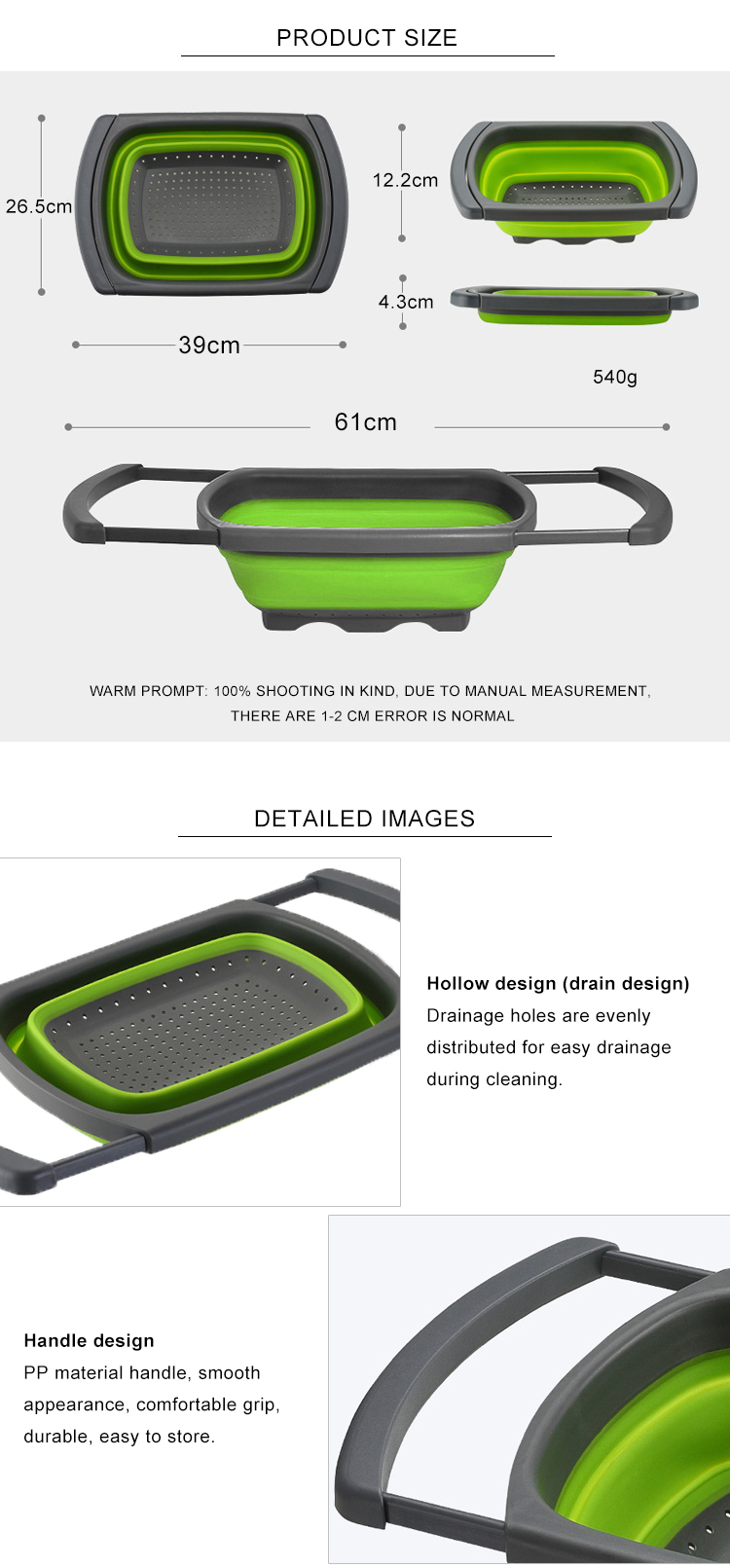 Collapsible Over the Sink Silicone Colander With Long Handle Kitchen Folding Strainer
