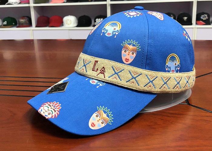 Durable 100% Polyester Printed Baseball Caps 6 panel With Woven Band
