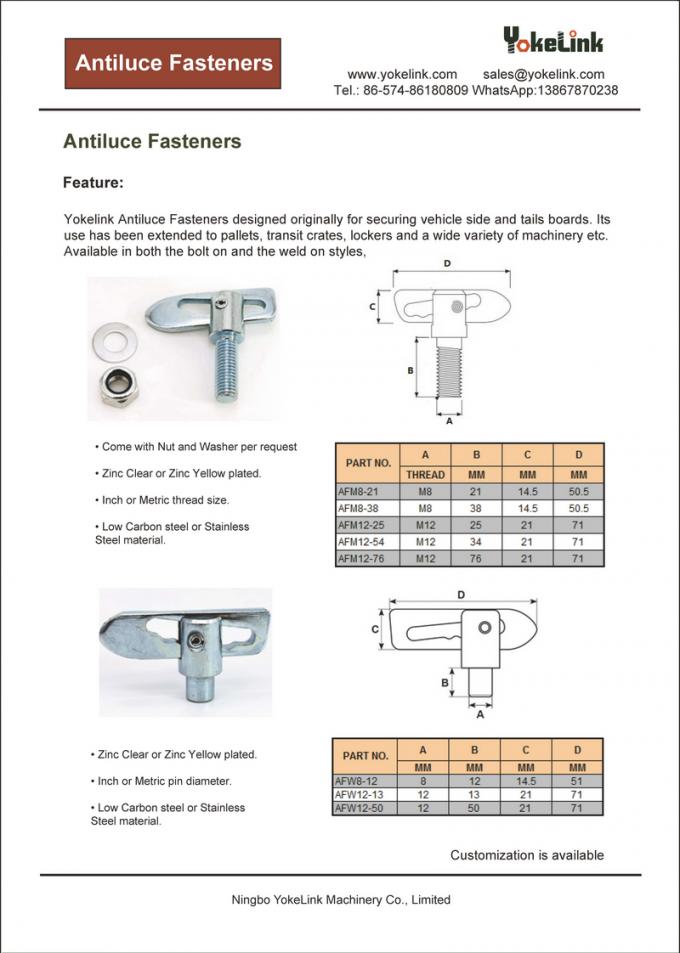 M12 Zinc plate Bolt on type Antiluce Fasteners for Trailer and tailgates