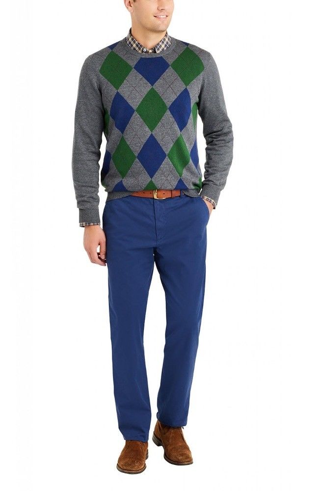 Pullover Jacquard Knit Sweater With Argyle Pattern 100 Wool Material 12GG Gauge