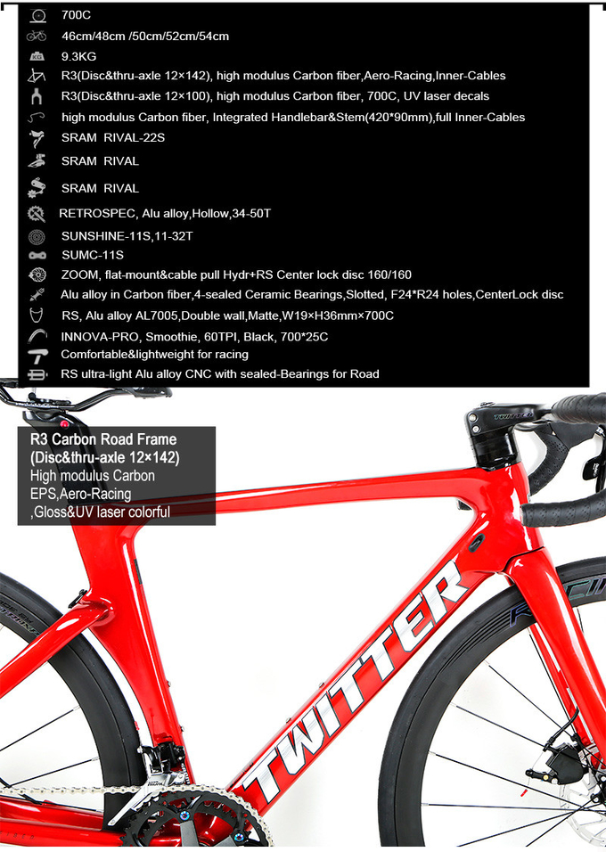 SRAM RIVAL 22 Carbon Fiber Road Bike 700x25C Integrated Handlebar