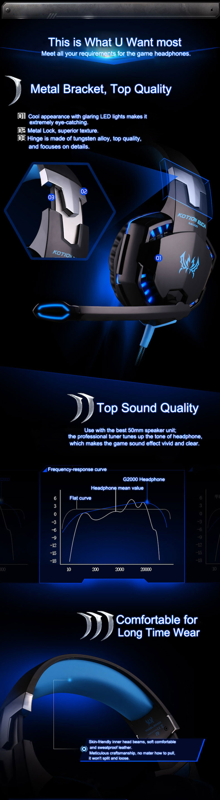 Computer Stereo Gaming Headphones Kotion EACH G2000 With Mic LED Light Earphone Over Ear Wired Headset For PC Game