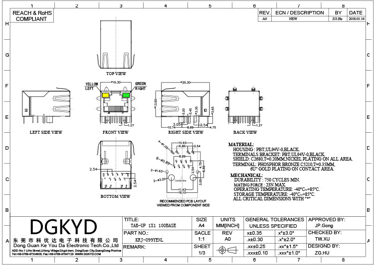 KRJ-099YENL Network Interface Computer RJ45 Connector With Baiyum Board Light Strip