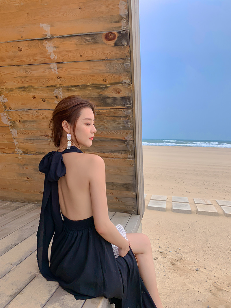 Backless Tie 136cm Black Chiffon Beach Dress V Neck Halter Strap Split