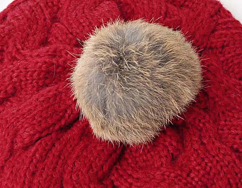 Winter Women Knit Beanie Hats 56cm Pom Pom Fur Beanie BIO Washed Cotton