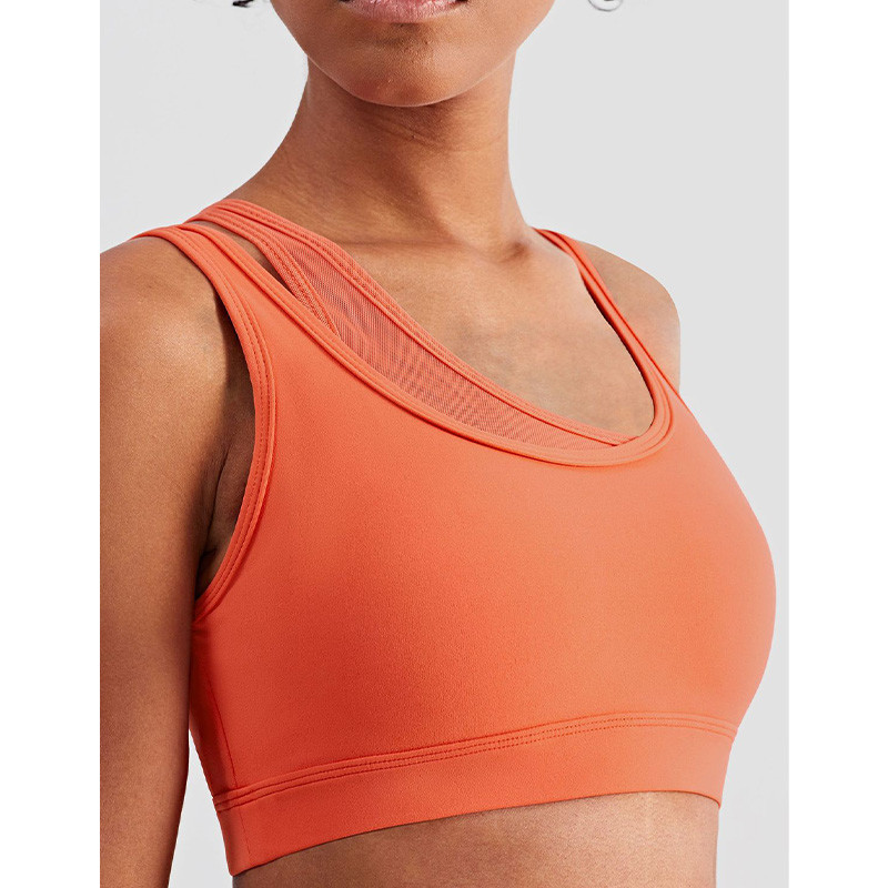 Mesh Stitching Strappy Back Sports Bra Girls Elastic Bottom Padded Crop Top