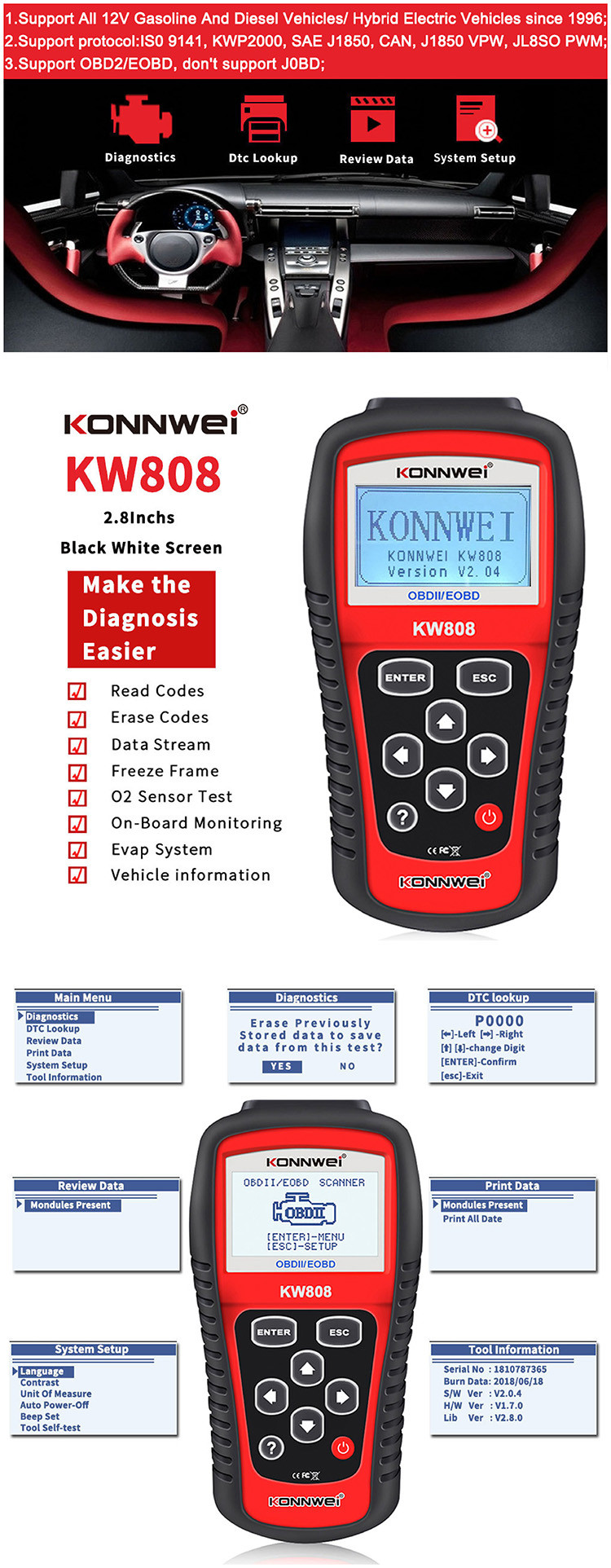 Multi - Functional Handheld Barcode Scanner Konnwei Kw808 Obd2 Diagnostic Scan Tool