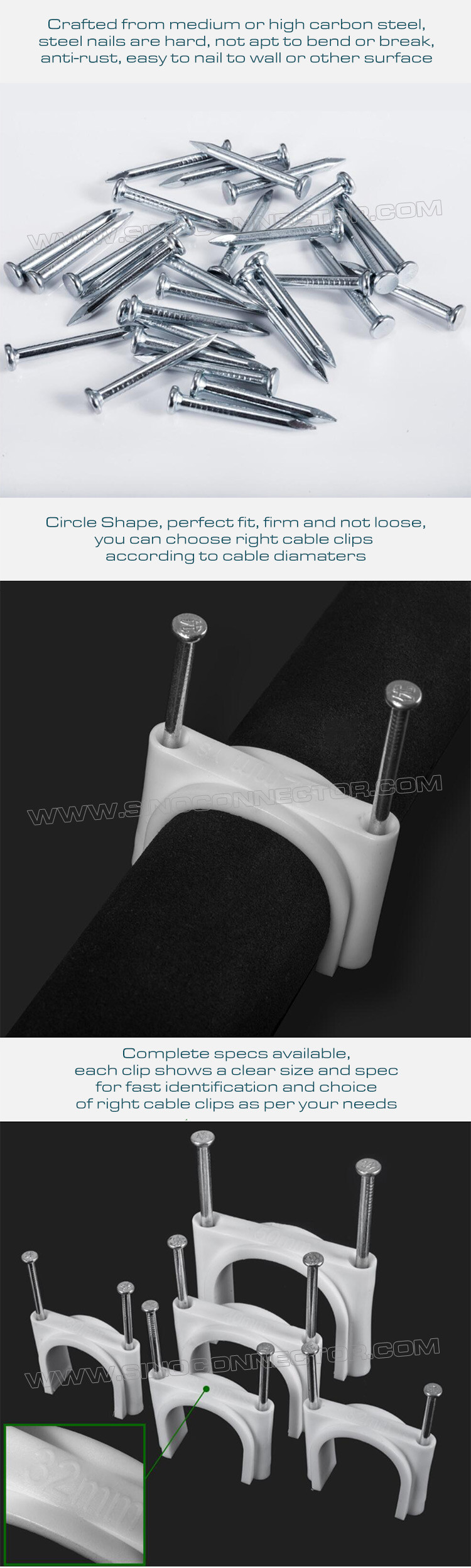 Double Nail Cable Clips (Double Nail Pipe Clips), Round Type, Two Steel Nails, Polyethylene, White/Black, 30mm~50mm, For Large Cables