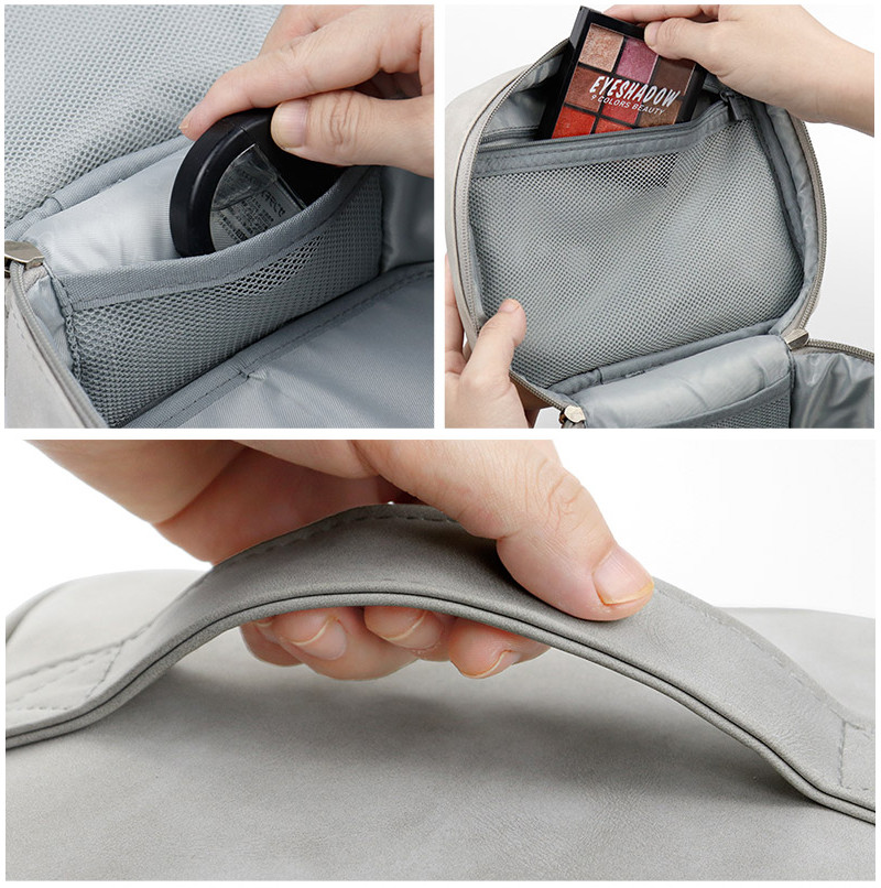 Women Suede Surface PU Make Up Vanity Bag Case Double Zippers