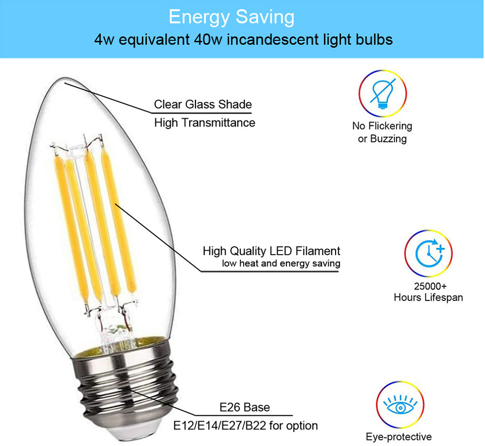 C35 4W led filament bulb 220-240V E27 led filament candelabra bulb