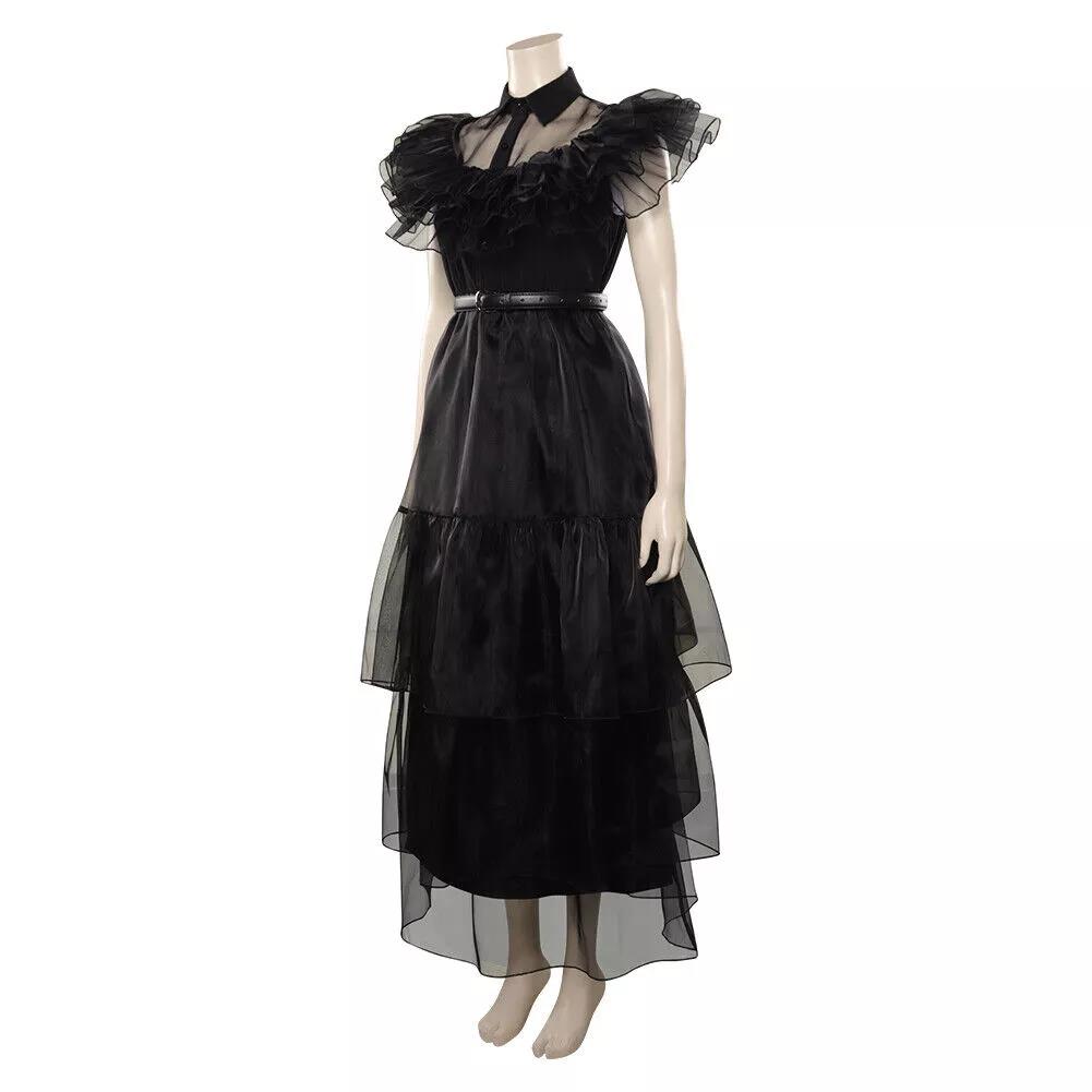 Wednesday Addams Family Costume Black Halloween Cosplay Dress for Girls and Children