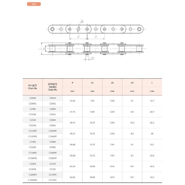 TS16949 C220A Double Pitch K1 Attachment Chain