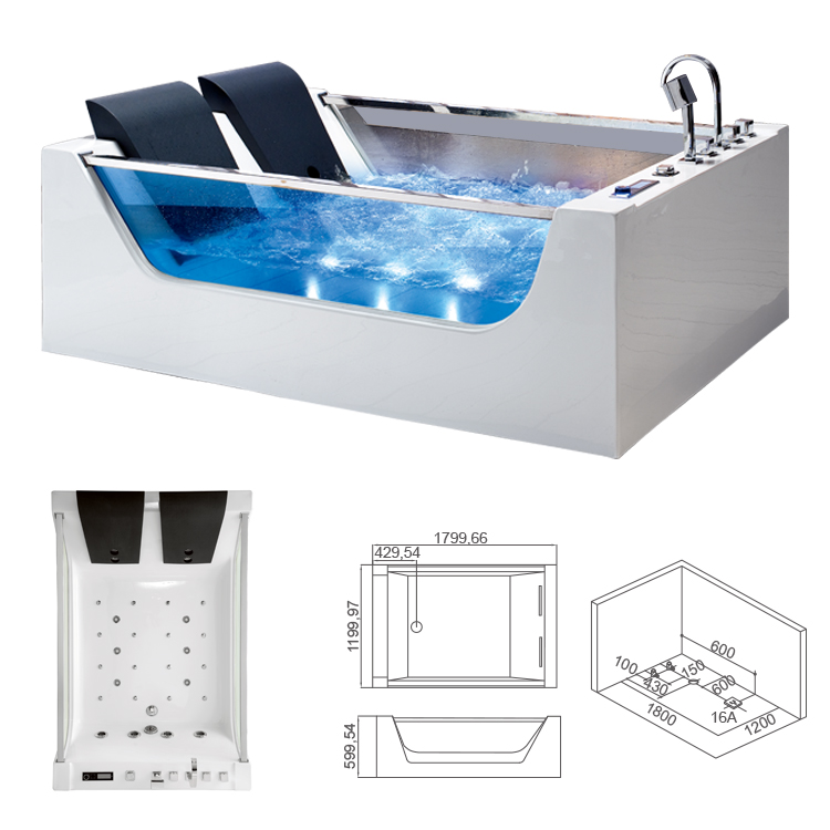 2 Person Corner Jacuzzi Bathtub Freestanding Indoor Acrylic 1800x600mm