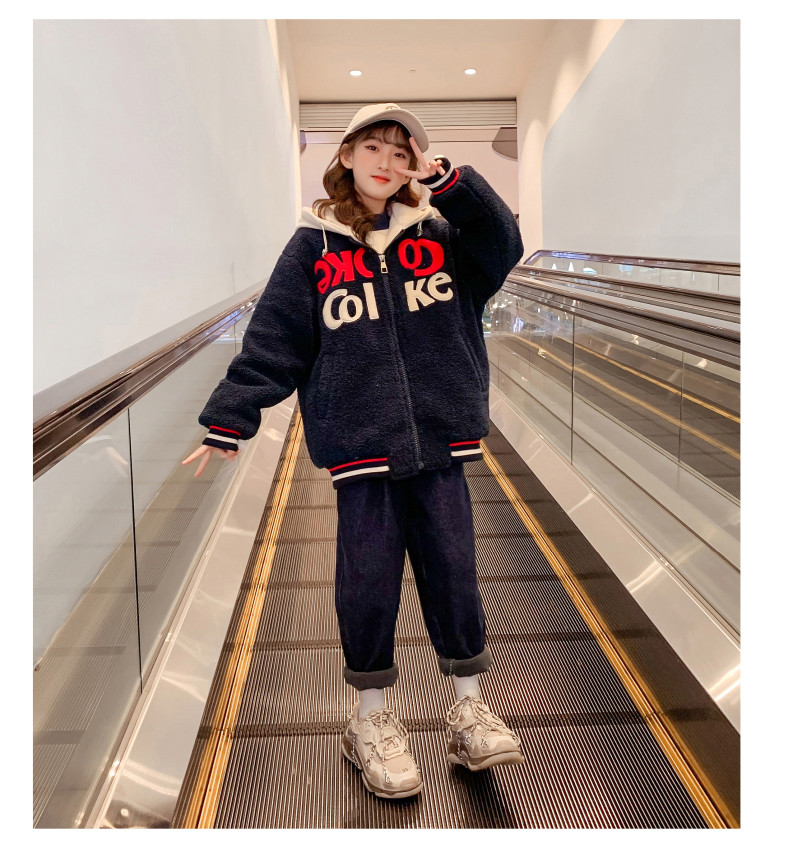 Girls extra thick coat children's clothing hooded embroidered woolen coat lamb cashmere navy blue casual thermal coat