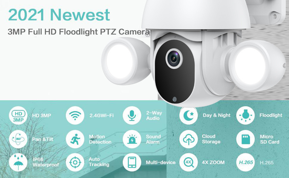 Home Security 3MP Tuya Wifi Camera PTZ Waterproof Floodlight Lighting