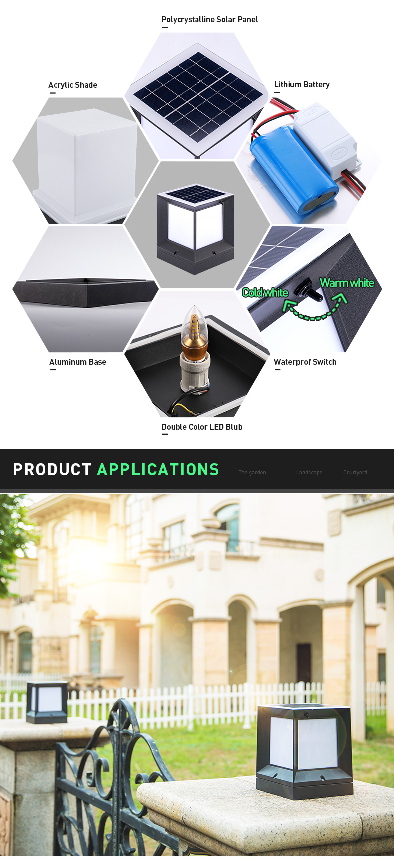 Aluminum Gate Fence Solar Pillar Light 2W Square IP55 Waterproof