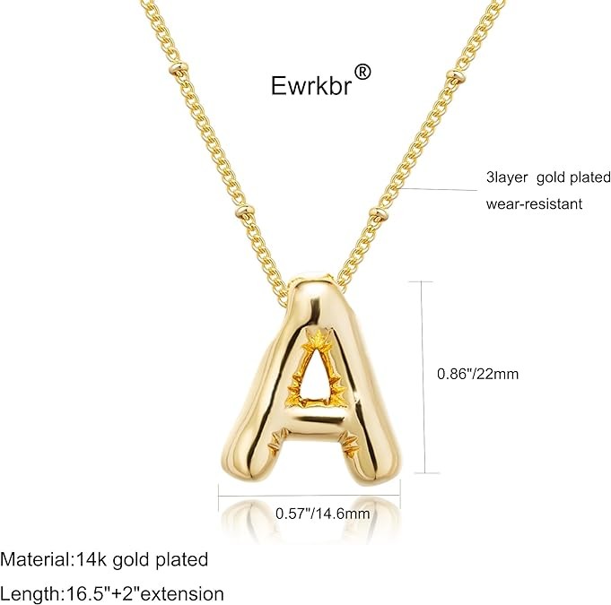 Personalized Gold Bubble Letter Necklace for Women, 14k Gold Plated Initial Pendant Necklace Trendy Custom Jewelry