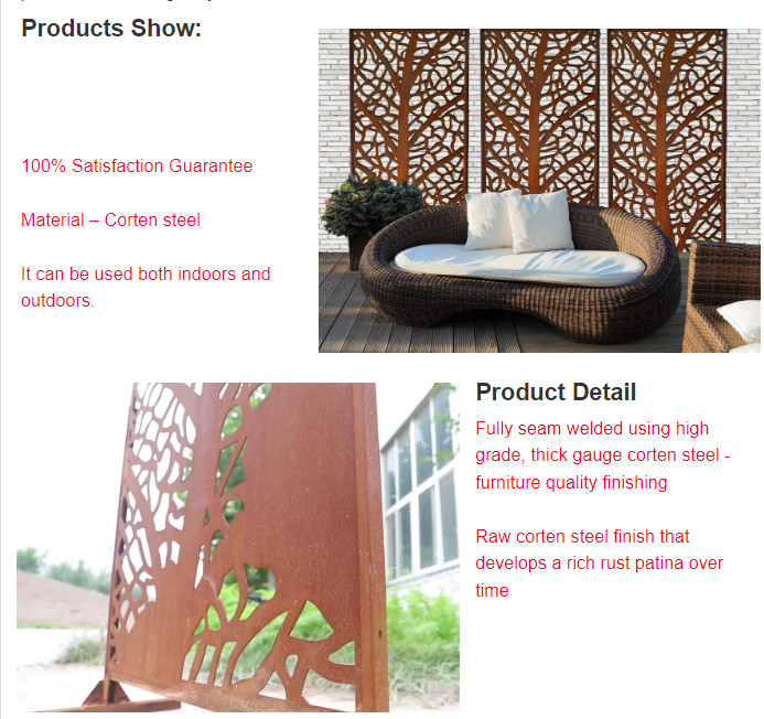Decorative Outdoor Privacy Art Corten Steel Garden Screen Laser Cut