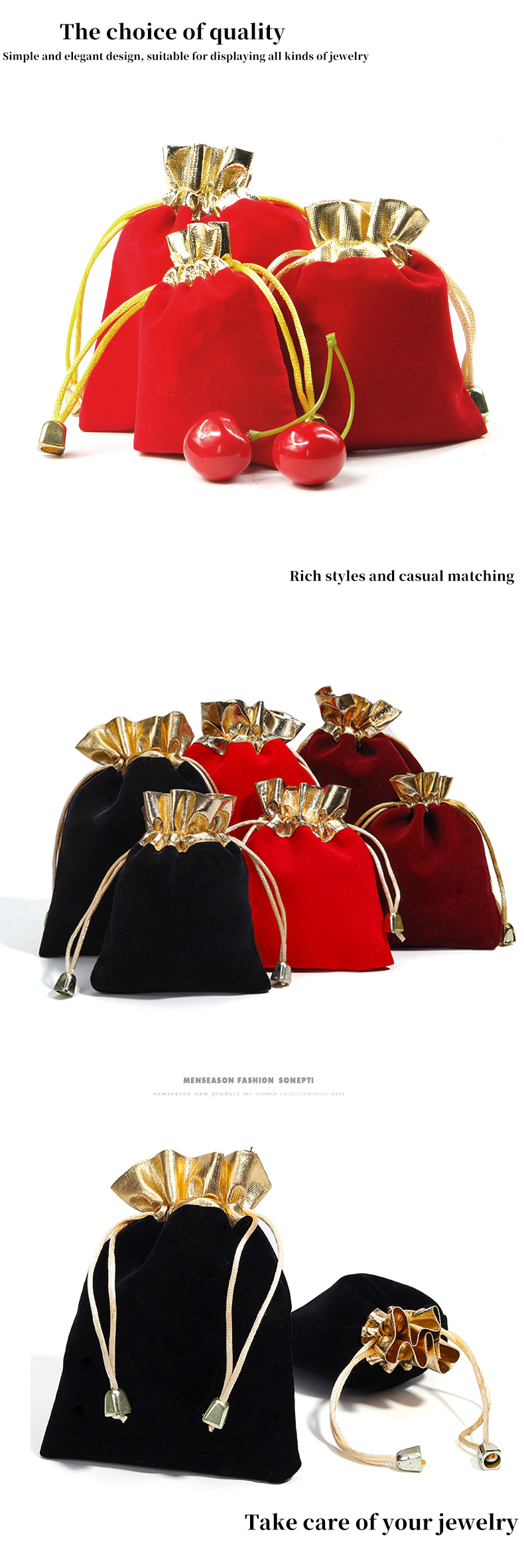 Soft Slip No Villi Velvet Drawstring Jewelry Bags With Gold Open Mouth