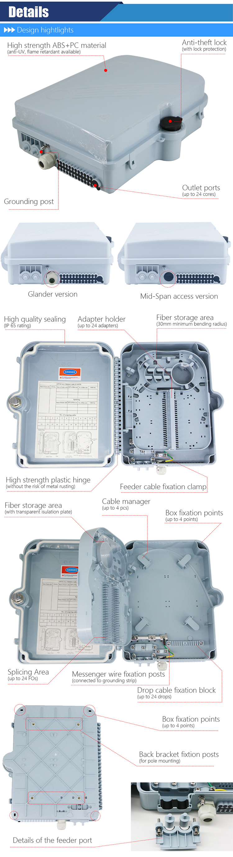 IP66 24 Port Fiber Termination Box , FDB ODB Outdoor Fiber Distribution Box