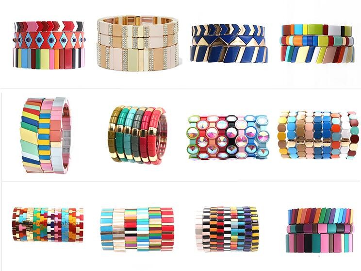Handmade Enamel Tile Bracelet , Gold Color Boho Bead Bracelets