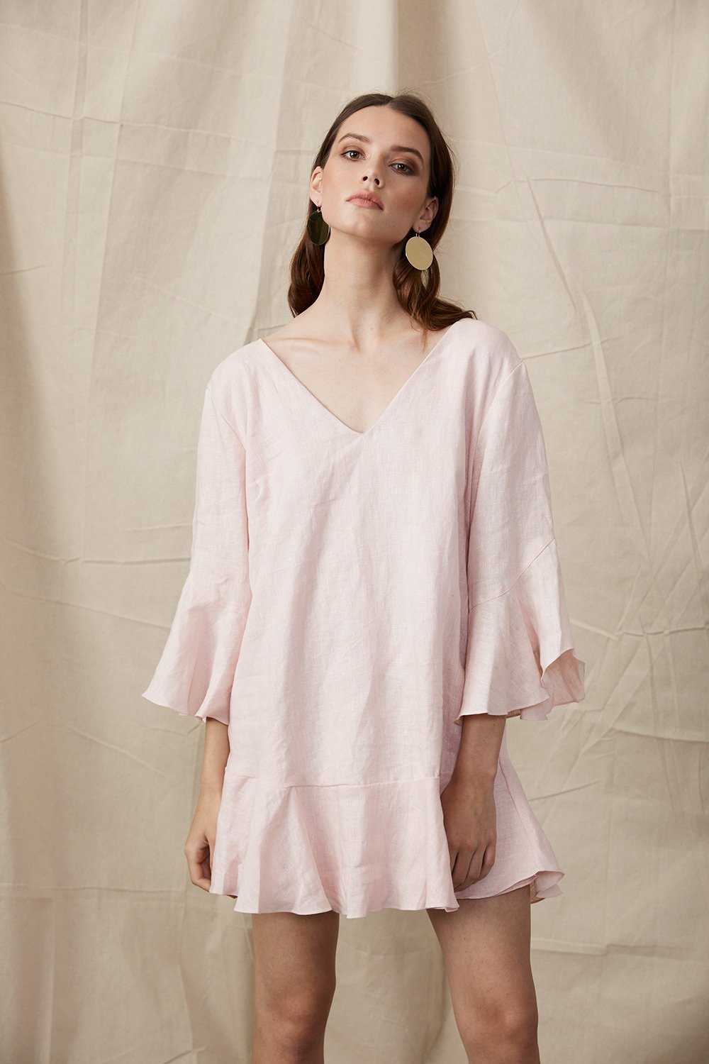 Women Fashion Plus Size Elbow Bell Sleeve Linen Bow Tie Mini Dress for Women