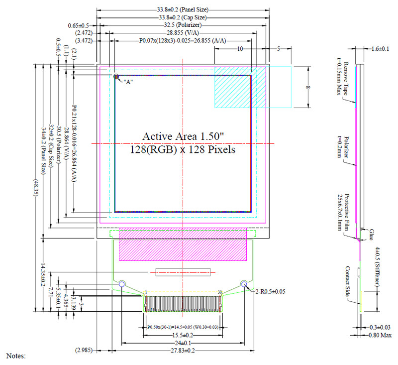 1.5 Inch 128x128 Dots 262k Color AMOLED Display ZIF Type UG-2828GDEDF11 SSD1351 Controller