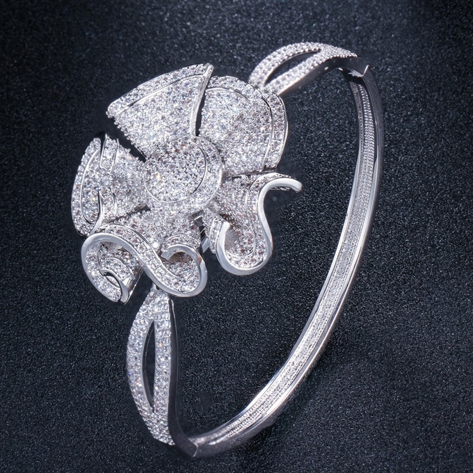 Flower Cubic Zirconia Bangle CZ Zircon Crystal Flower Bracelets for Women Wedding Bridal Bracelets Jewelry