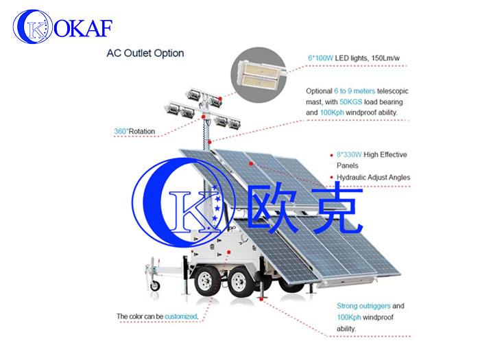 Emergency Rescue Mobile Sentry Security Trailer Self Locking IP65 With 6x200w LED Lamps