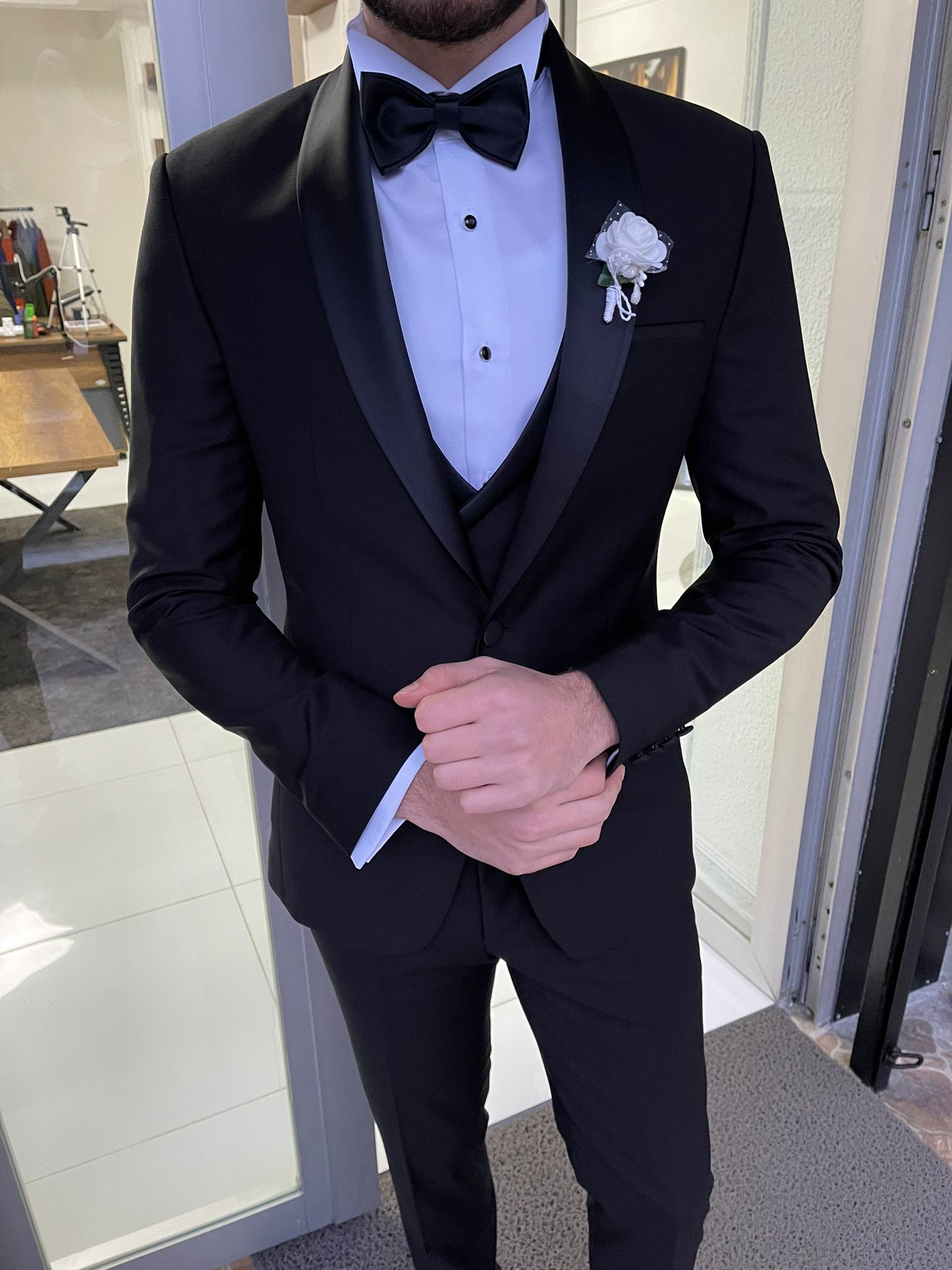 Men'S 3pc Tuxedo Suit Hanover Black Slim Fit Shawl Lapel Tuxedo