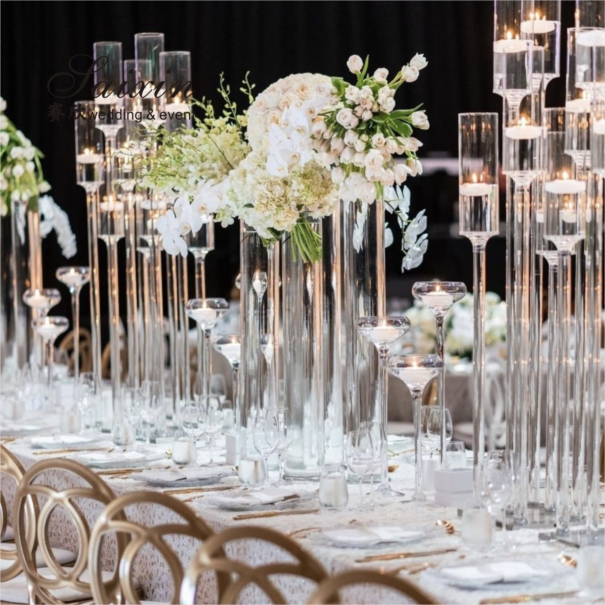 Golden Brass Taper Wedding Candle Holders Centerpiece Pillar 2 Pcs Set
