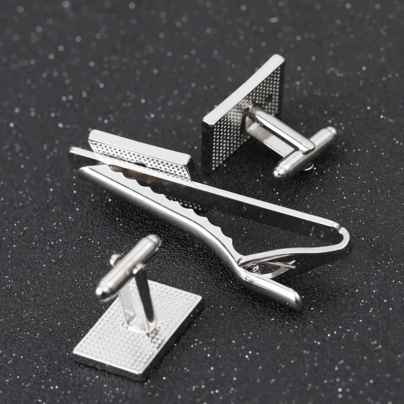 Men's Brass Metal Tie Clip And Cufflink Set With Black Enamel For Wedding Party
