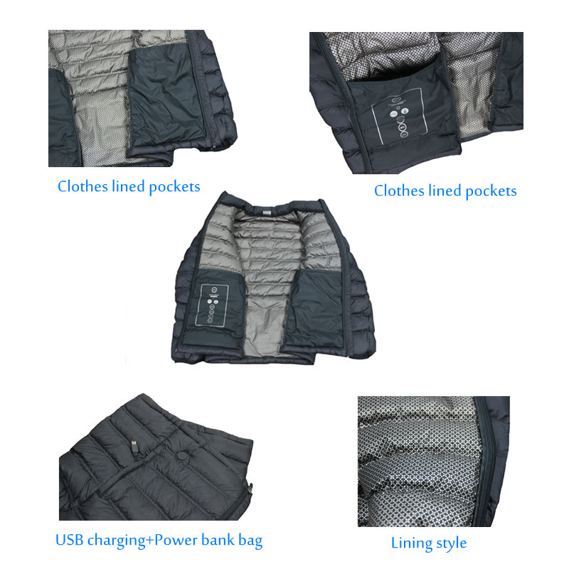 Winter Coat Electric USB Powered Heated Jacket 6 graphene elements With Zipper
