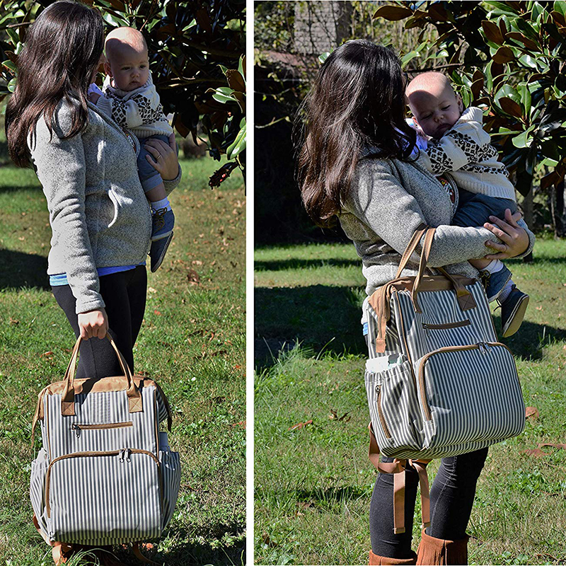Striped Baby Diaper Bags 12*17*8 Inch With Detachable Shoulder Strap