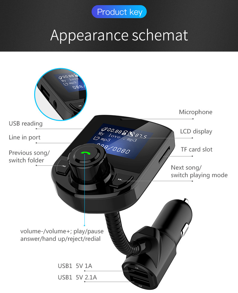 1.44inch LCD Handsfree Bluetooth Car Kit 3.5mm Bluetooth Car Adapter